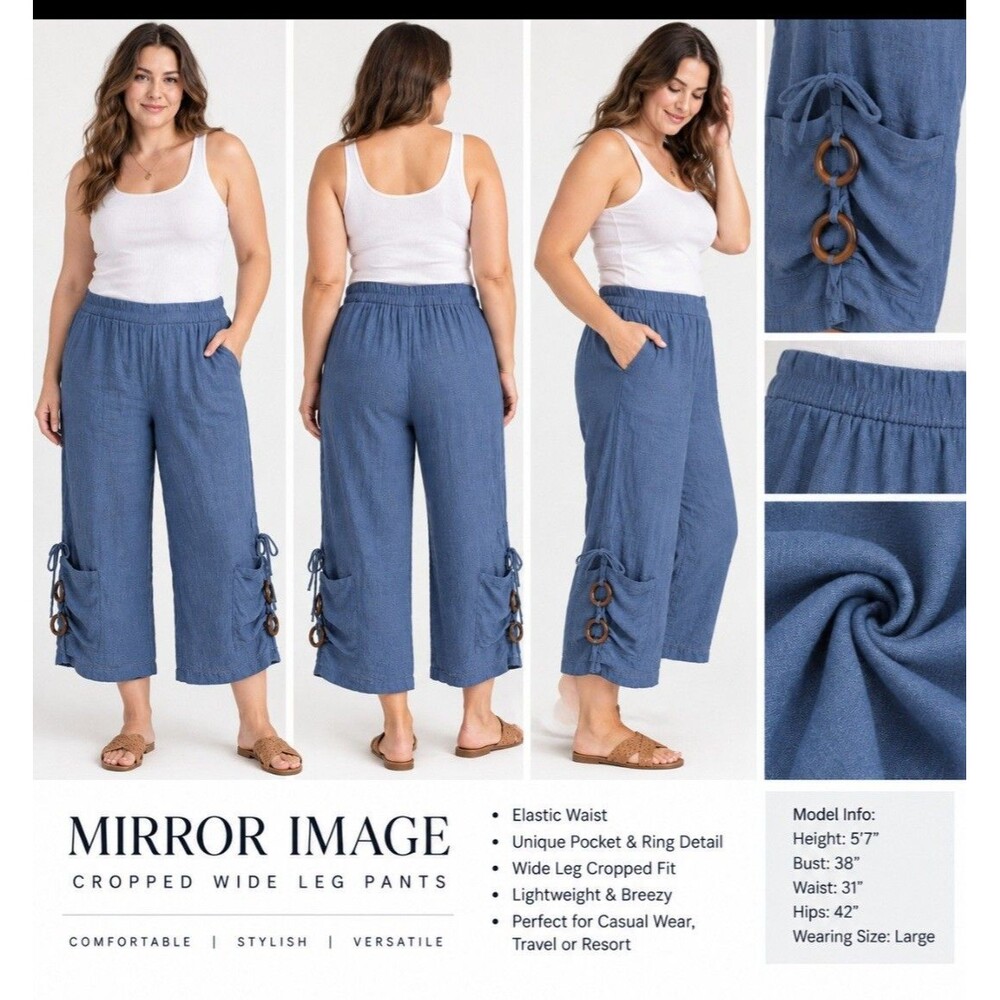 Mirror Image XL Blue Wide Leg Pants Boho Crop Capri Elastic Waist Ring Detail
